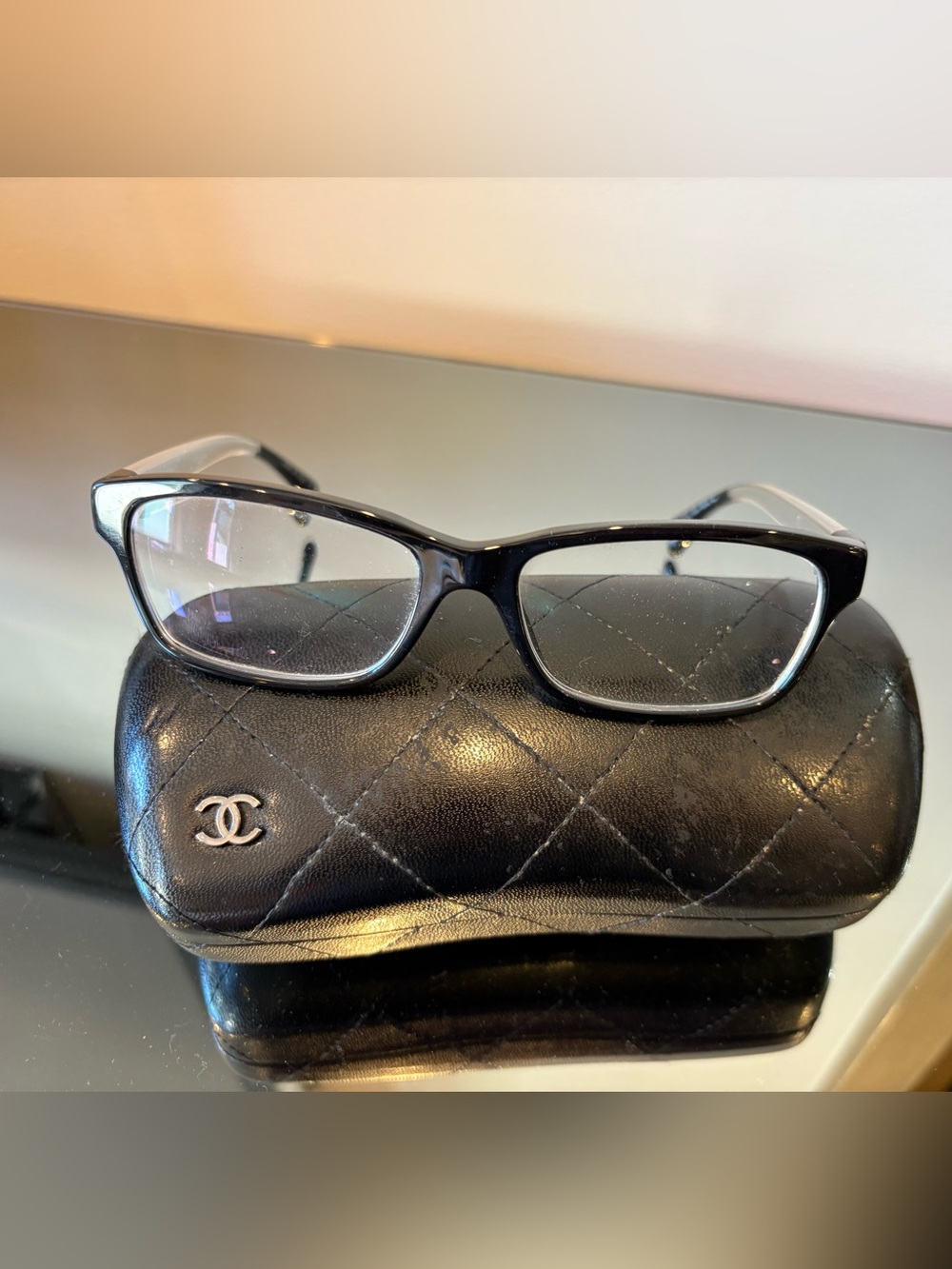 CHANEL Black Rectangular Optical Glasses with Quilted Case